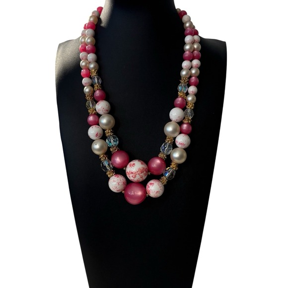 Vintage‎ Pink Double Strand Necklace Cat's Eye Faux Pearl Chunky Beads Marbled - Picture 7 of 16